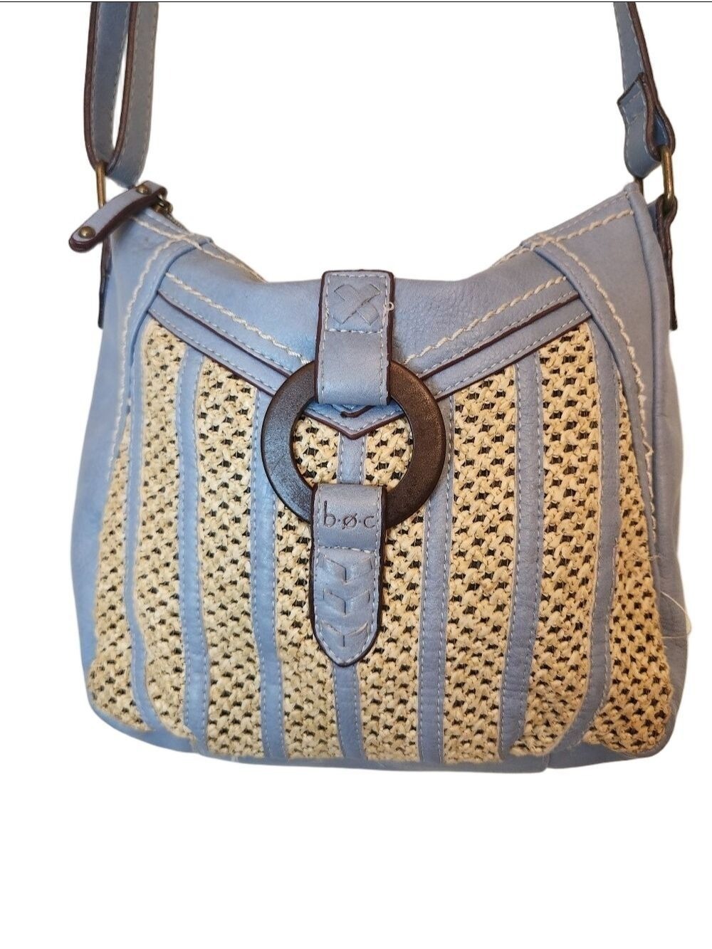 b.ø.c. Born Concept Cornflower Blue Faux Leather & Woven Straw Crossbody Bag - Picture 3 of 16
